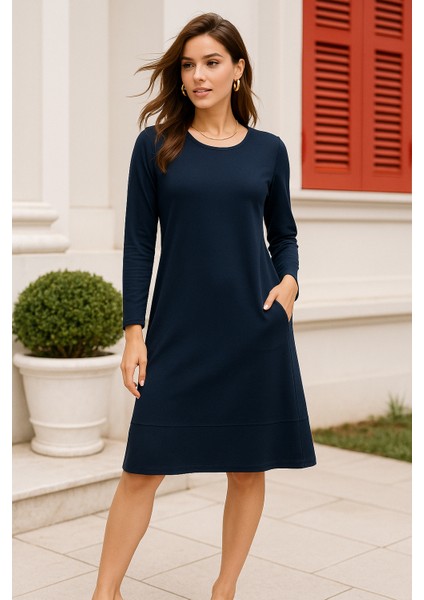 Kadın Lacivert Gizli Cepli Uzun Kollu Elbise fırsatları
