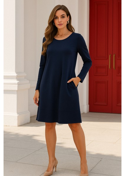 Kadın Lacivert Gizli Cepli Uzun Kollu Elbise