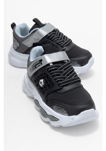 Bağcıklı Cırtlı Çocuk Spor Ayakkabı; Siyah Füme