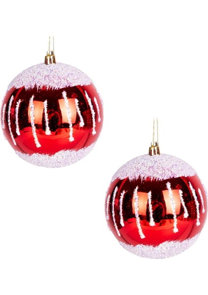 Yılbaşı Topu Renkli Simli Kar Efektli 2'li Paket Kırmızı-Beyaz 10 Cm.