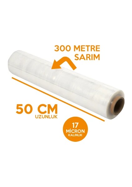 Manuel El Tipi Palet Streç Film Şeffaf 50 cm 17 Mikron 300 Metre 1 Koli ( 6 Adet )