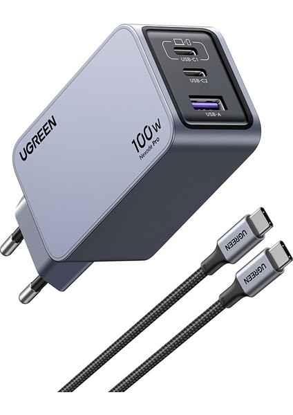 Nexode Pro 100W GaN Hızlı Şarj Cihazı QC PD 2xUSB-C, 1xUSB-A, Uzay Grisi - 25874