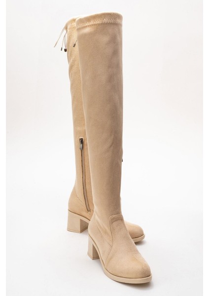 Kadın Dizüstü Streç Topuklu Çizme; Bej Süet