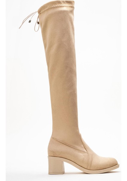 Kadın Dizüstü Streç Topuklu Çizme; Bej Süet fiyatları