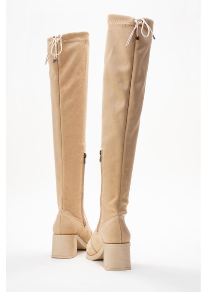Kadın Dizüstü Streç Topuklu Çizme; Bej Süet fırsatları
