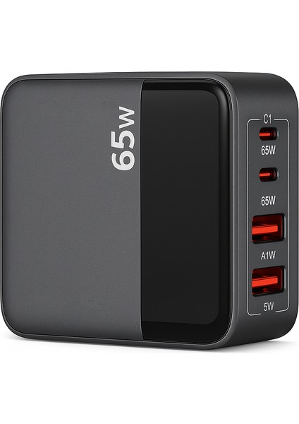 65W Hızlı Şarj Adaptörü | 2 Type-C + 2 Usb-A Çoklu Port | Laptop Telefon Tablet Uyumlu | Akıllı Güç Dağıtımı | Kompakt Tasarım
