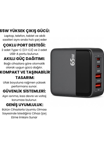 65W Hızlı Şarj Adaptörü | 2 Type-C + 2 Usb-A Çoklu Port | Laptop Telefon Tablet Uyumlu | Akıllı Güç Dağıtımı | Kompakt Tasarım modelleri