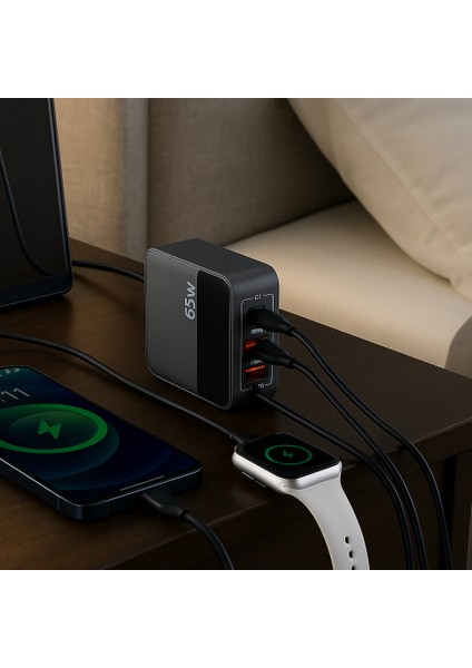 65W Hızlı Şarj Adaptörü | 2 Type-C + 2 Usb-A Çoklu Port | Laptop Telefon Tablet Uyumlu | Akıllı Güç Dağıtımı | Kompakt Tasarım fırsatları