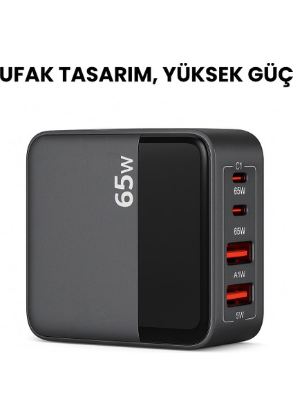 65W Hızlı Şarj Adaptörü | 2 Type-C + 2 Usb-A Çoklu Port | Laptop Telefon Tablet Uyumlu | Akıllı Güç Dağıtımı | Kompakt Tasarım