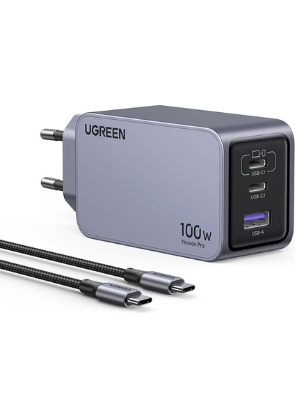 Nexode Pro 100W GaN Hızlı Şarj Cihazı QC PD 2xUSB-C, 1xUSB-A, Uzay Grisi - 25874