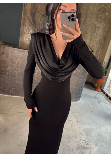 Mildred Omuz Vatkalı Pileli Degaje Yaka Likralı Uzun Elbise Siyah fiyatları