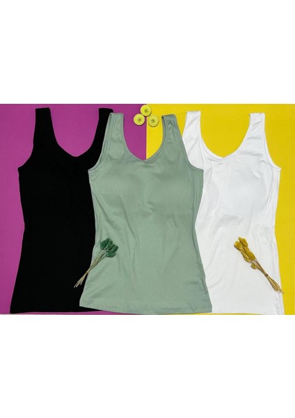 Kadın Atlet V Yaka | 3'lü Siyah, Beyaz ve Yeşil Renk Sütyenli- Pedli Modal Kumaş Kaşkorse Bluz Atlet