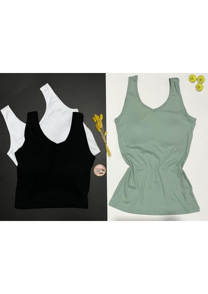 Kadın Atlet V Yaka | 3'lü Siyah, Beyaz ve Yeşil Renk Sütyenli- Pedli Modal Kumaş Kaşkorse Bluz Atlet fiyatları
