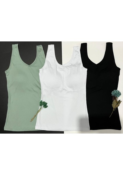 Kadın Atlet V Yaka | 3'lü Siyah, Beyaz ve Yeşil Renk Sütyenli- Pedli Modal Kumaş Kaşkorse Bluz Atlet modelleri