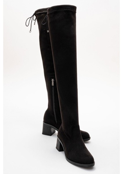 Kadın Dizüstü Streç Topuklu Çizme; Siyah Süet