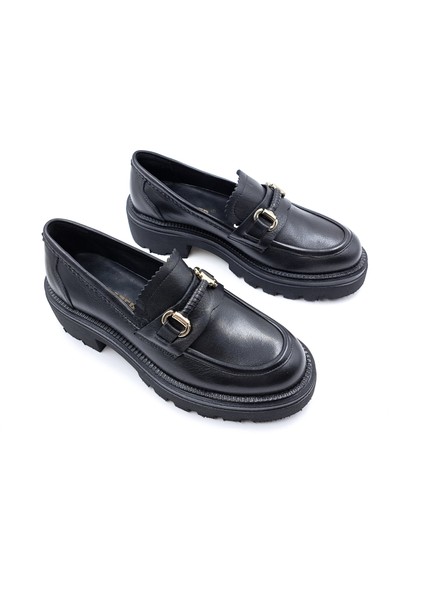 B260682 Hakiki Deri Kadın Siyah Loafer Ayakakbı modelleri