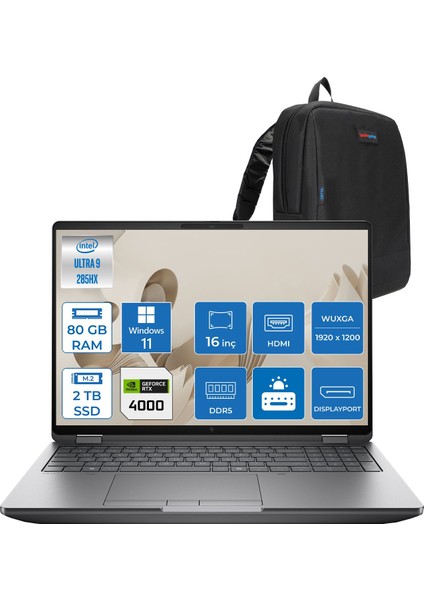 Zbook Fury G1I Intel Core Ultra 9 285HX 80GB Ddr5 2tb SSD 16GB/RTXPRO4000 Blackwell 16" Wuxga IPS 400NIT Windows 11 Pro Taşınabilir Bilgisayar C65G3ESP23 + Zettaçanta