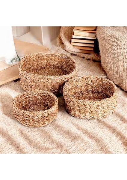 3'lü El Yapımı Yuvarlak Hasır Düzenleyici Seti | 3'lü Hasır Yuvarlak Organizer Seti - Dekoratif, Çok Amaçlı ve Dayanıklı Sepetler (30X30X12CM - 25X25X10CM - 20X20X8CM) modelleri
