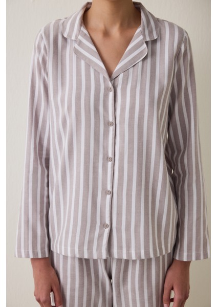 Bej Çizgili Uzun Kollu Pamuklu Gömlek Pantolon Pijama Takımı fırsatları