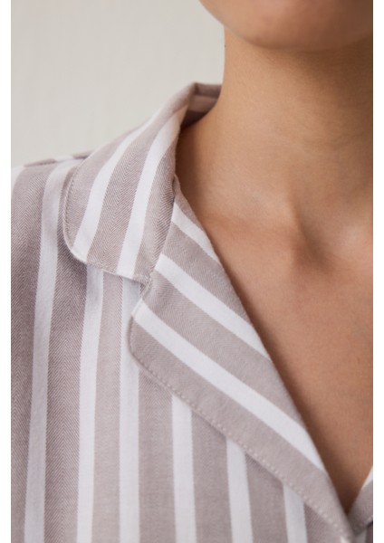 Bej Çizgili Uzun Kollu Pamuklu Gömlek Pantolon Pijama Takımı indirimleri