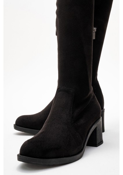 Kadın Dizüstü Streç Topuklu Çizme; Siyah Süet fiyatları
