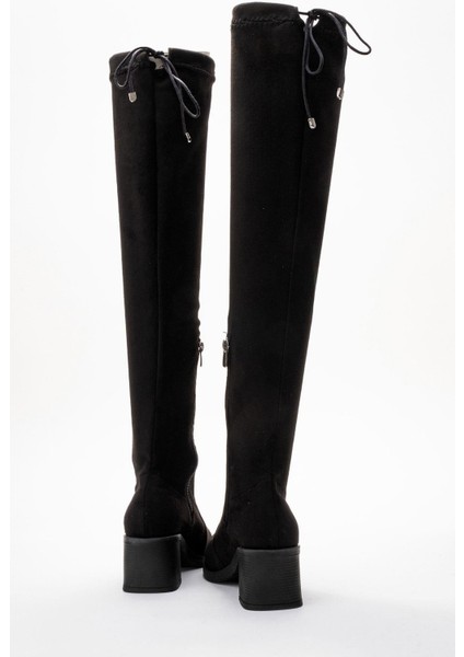 Kadın Dizüstü Streç Topuklu Çizme; Siyah Süet modelleri