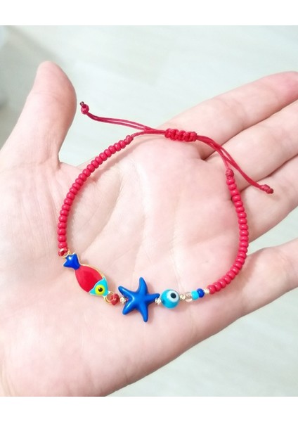 Çok Renkli Mineli Balık Deniz Yıldızı Nazar ve Çek Cam Boncuklu Genç Ve Çocuk Bileklik