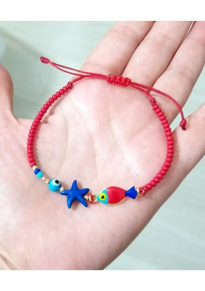Çok Renkli Mineli Balık Deniz Yıldızı Nazar ve Çek Cam Boncuklu Genç Ve Çocuk Bileklik