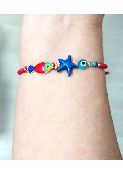 Çok Renkli Mineli Balık Deniz Yıldızı Nazar ve Çek Cam Boncuklu Genç Ve Çocuk Bileklik