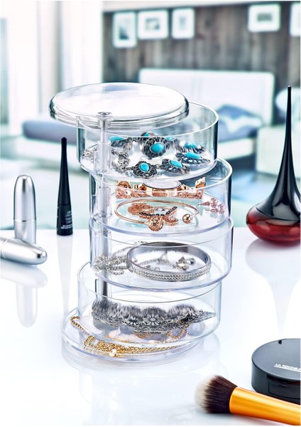 Şeffaf Akrilik 4 Katlı Dönebilen Takı Organizer Düzenleyici, Takı Kutusu, Takı Organizeri, Akrilik Takı Organizeri | Takılarınızı Şık ve Düzenli Tutun!