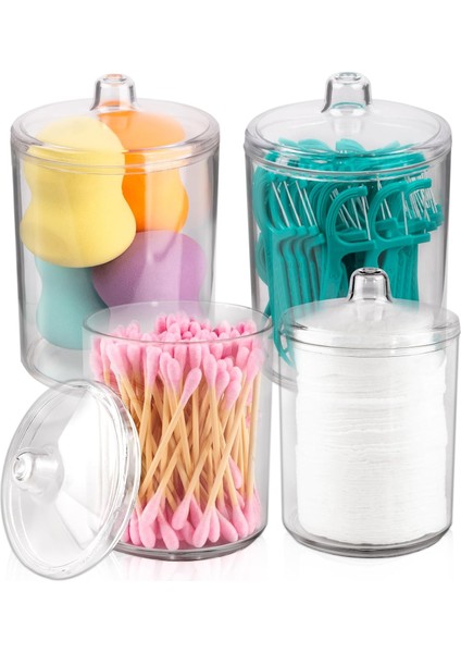 Qtip Tutucu, Makyaj Makyaj Düzenleyici Depolama, Kapaklı Şeffaf Plastik Eczacı Kavanozları, Pamuklu Çubuk Dispenseri, 2X10OZ ve 2X7OZ, 4'lü Paket, Ahşap Kapaklar,