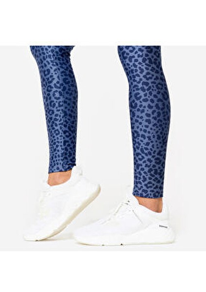 Domyos Kadın Yüksek Bel Leopar Desenli Fitness Taytı Mavi Slim Fit Tasarım