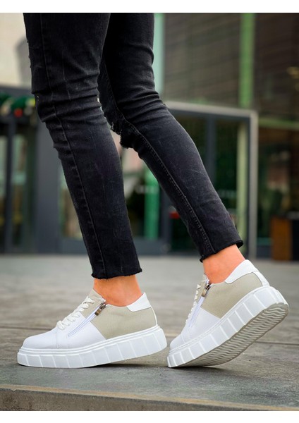 KB-X155 Kuback Beyaz Cilt Gri Süet Detaylı Beyaz Yüksek Taban Günlük Spor Ayakkabı indirimleri