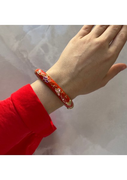 Mineli Bileklik Kelepçe Kırmızı Bileklik Çiçek Desenli Mineli Bilezik Mineli Bileklik Çiçek Kelepçe Vintage Tasarım Kelepçe Bilezik 1ADET