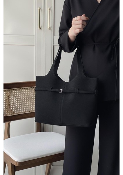 Lagraccio Paris Kadın Pureline Makyaj Çantalı Süet Büyük Boy Omuz Çantası Siyah Süet