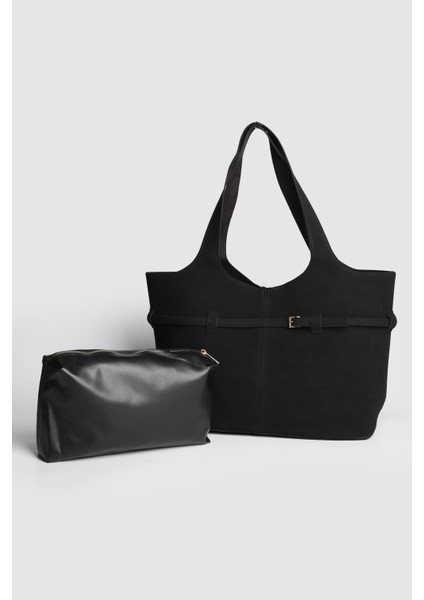 Lagraccio Paris Kadın Pureline Makyaj Çantalı Süet Büyük Boy Omuz Çantası Siyah Süet modelleri