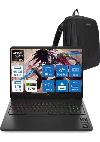 Omen 16-AP0006NT Amd Ryzen Aı 7 350 40GB Ddr5 6tb SSD RTX5070 8gb Gddr7 16 Inç Wuxga (1920 x 1200) 144HZ 300NİTS IPS Freedos Taşınabilir Bilgisayar C52R1EAF23 + Zetta Çanta