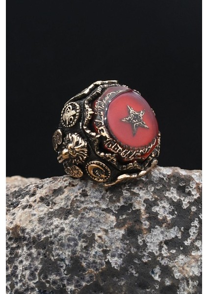 Özel Tasarım Ay Yıldızlı -Osmanlı Tuğralı-Aslan Figürlü-Kelime-I Tevhid Yazlı 925 Ayar Gümüş Erkek Yüzük 902316