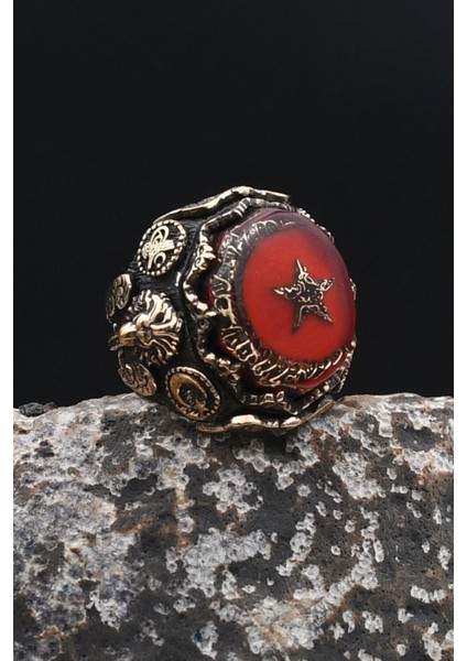 Özel Tasarım Ay Yıldızlı -Osmanlı Tuğralı-Aslan Figürlü-Kelime-I Tevhid Yazlı 925 Ayar Gümüş Erkek Yüzük 902316 fiyatları