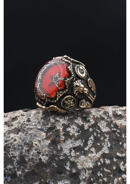 Özel Tasarım Ay Yıldızlı -Osmanlı Tuğralı-Aslan Figürlü-Kelime-I Tevhid Yazlı 925 Ayar Gümüş Erkek Yüzük 902316 modelleri