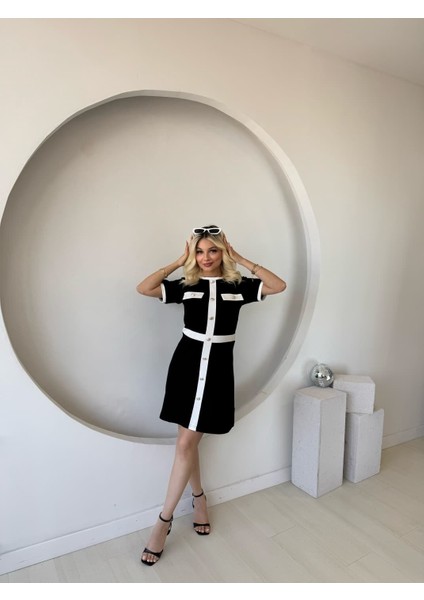 Kadın Kısa Kollu Bisiklet Yaka Önden Düğmeli Modal Elbise