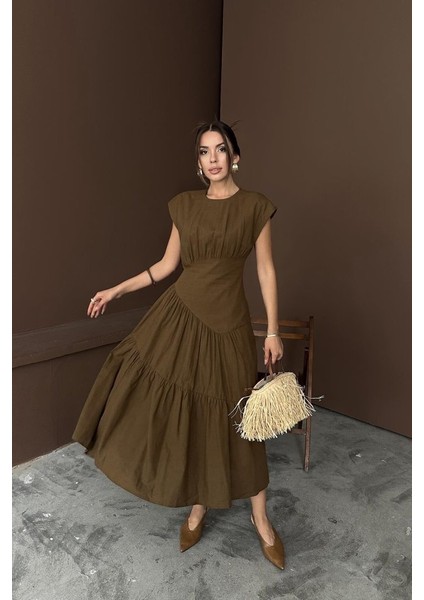 Kahverengi Büzgü Detaylı Keten Elbise fiyatları