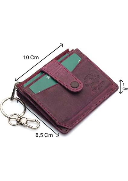 Hakiki Eskitme Deri Anahtarlıklı ve Fermuarlı Bol Kart Bölmeli Unisex Kartlık - Bordo