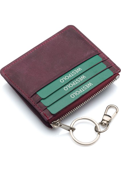 Hakiki Eskitme Deri Anahtarlıklı ve Fermuarlı Bol Kart Bölmeli Unisex Kartlık - Bordo fırsatları