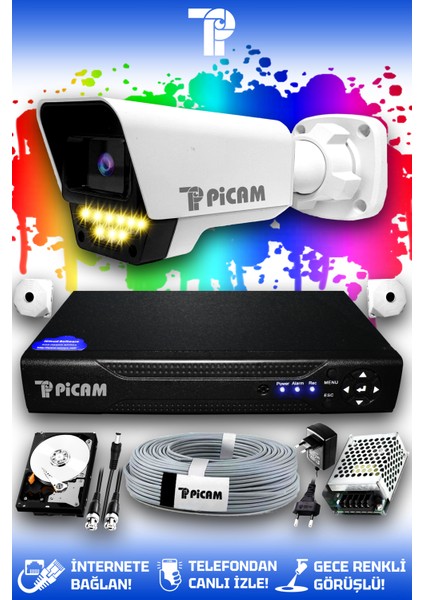 1 Kameralı Süper 1 Dış Kamera Set 320 GB 5 MP Full HD Renkli Gece Görüşlü Güvenlik Kamerası Sistemi