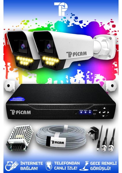 2 Kameralı Süper 2 Dış Kamera Set HDD'siz 5 MP Full HD Renkli Gece Görüşlü Güvenlik Kamerası Sistemi