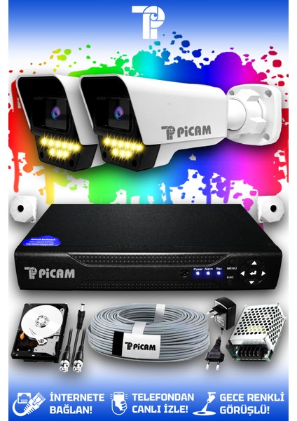 2 Kameralı Ultra 2 Dış Kamera Set 320 GB 5 MP 2K Net Renkli Gece Görüşlü Güvenlik Kamerası Sistemi