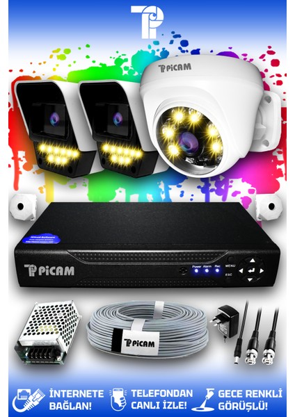 3 Kameralı Süper 1 İç Kamera Set HDD'siz 5 MP Full HD Renkli Gece Görüşlü Güvenlik Kamerası Sistemi