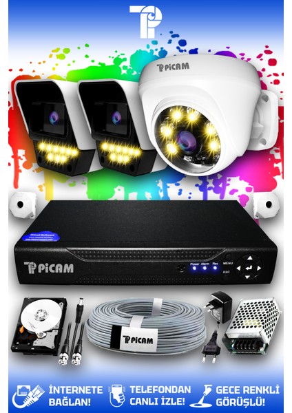 3 Kameralı Süper 1 İç Kamera Set 320 GB 5 MP Full HD Renkli Gece Görüşlü Güvenlik Kamerası Sistemi