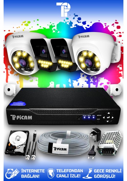 4 Kameralı Süper 2 İç Kamera Set 1 TB 5 MP Full HD Renkli Gece Görüşlü Güvenlik Kamerası Sistemi